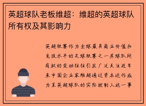 英超球队老板维超：维超的英超球队所有权及其影响力