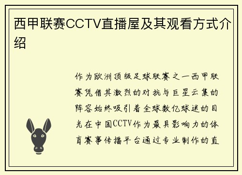 西甲联赛CCTV直播屋及其观看方式介绍